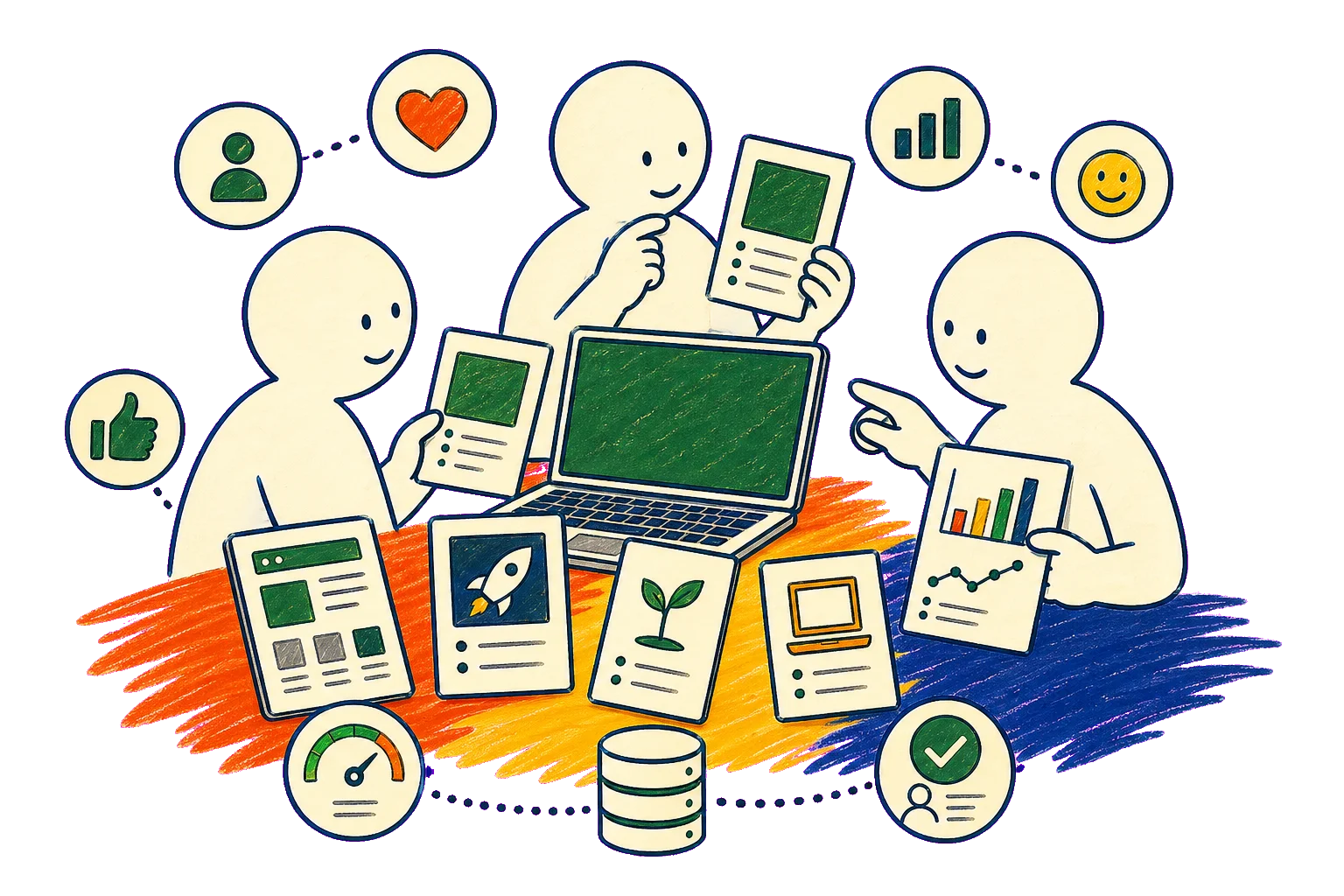 Webサイトやシステムの道具を囲んで検討する手描きイラスト