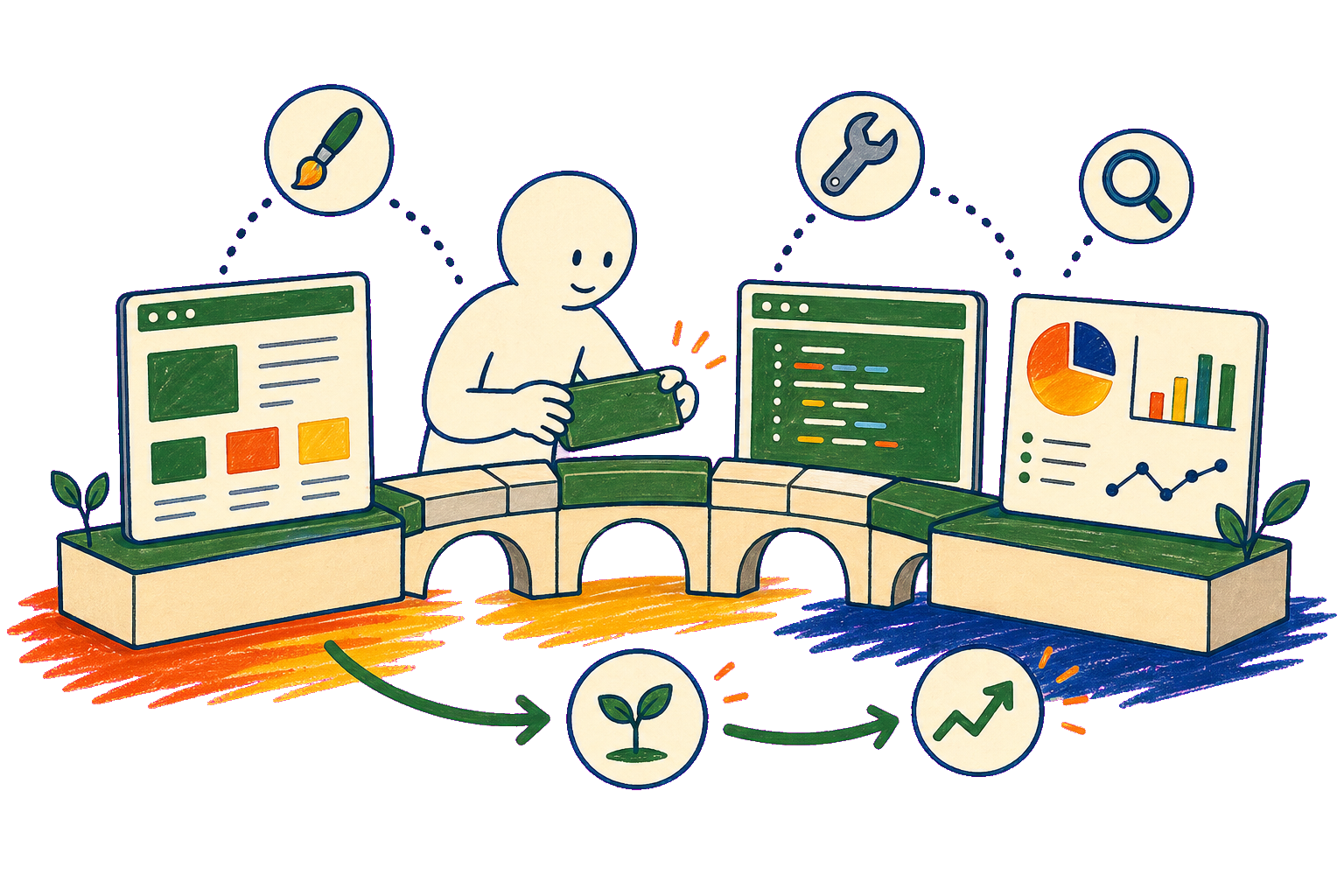 Webサイト、システム、計測を橋でつなぐ手描きイラスト