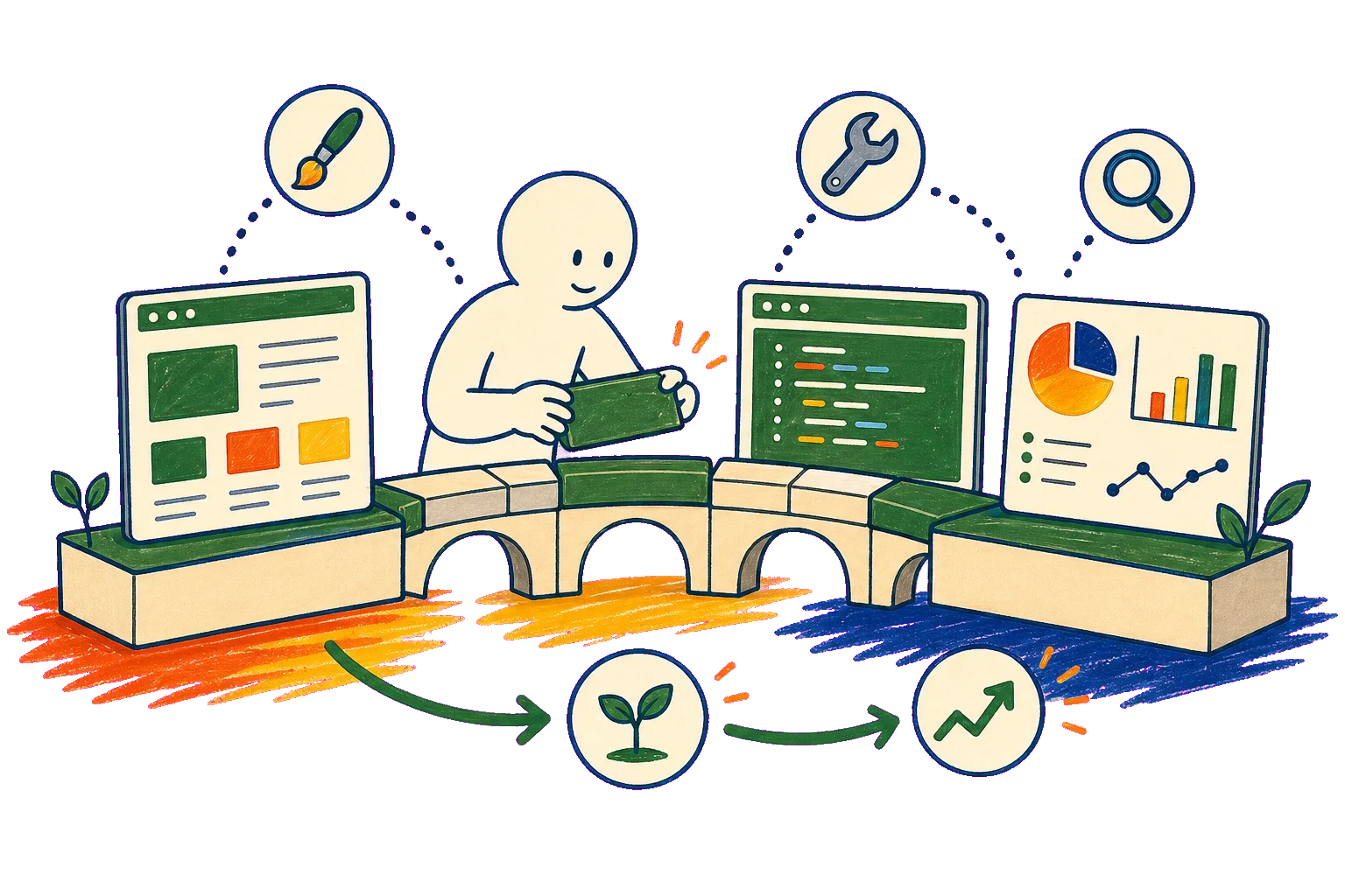 Webサイト、システム、計測を橋でつなぐ手描きイラスト