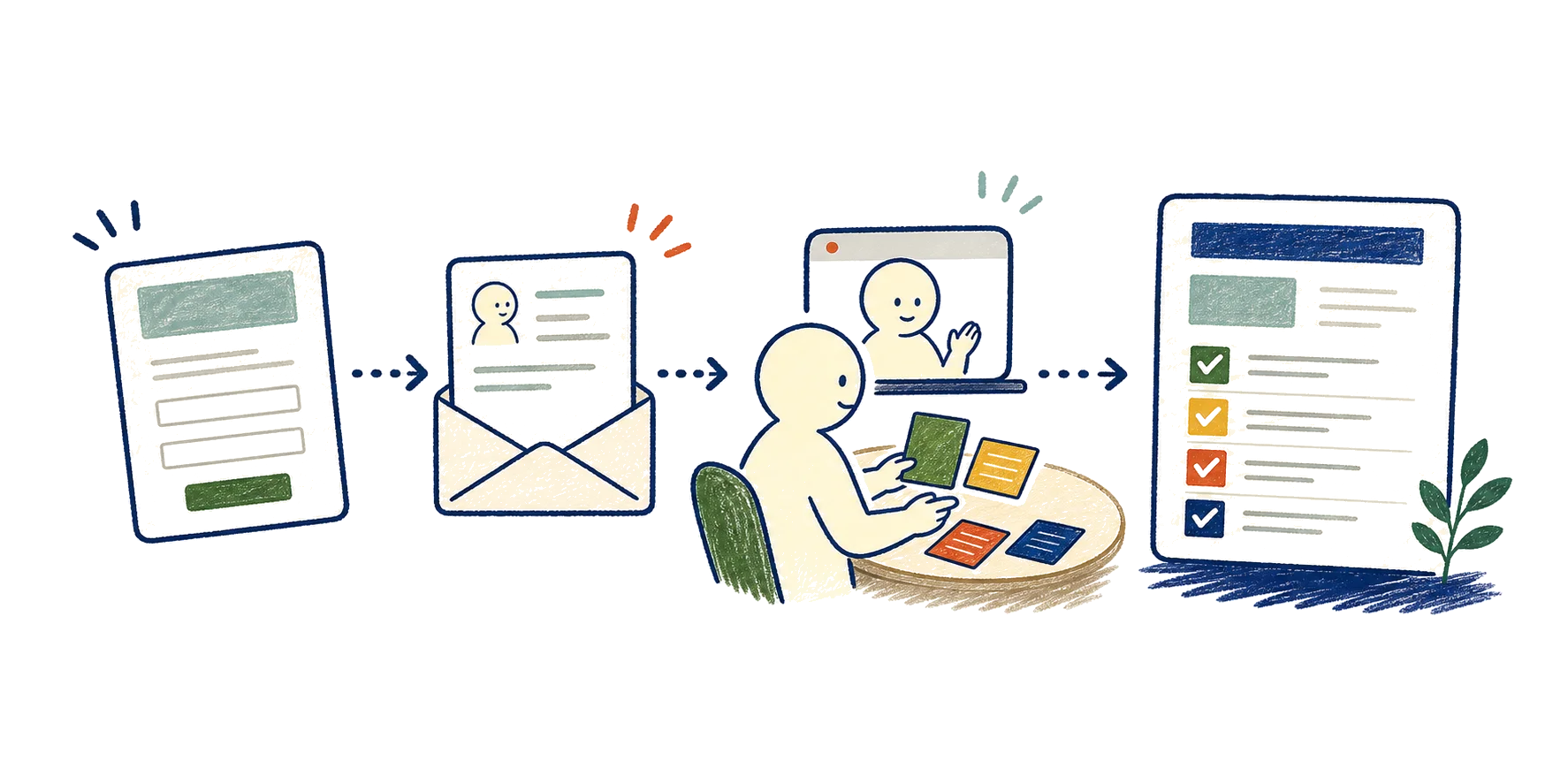 フォーム送信後の返信、相談、提案準備の流れを表す手描きイラスト