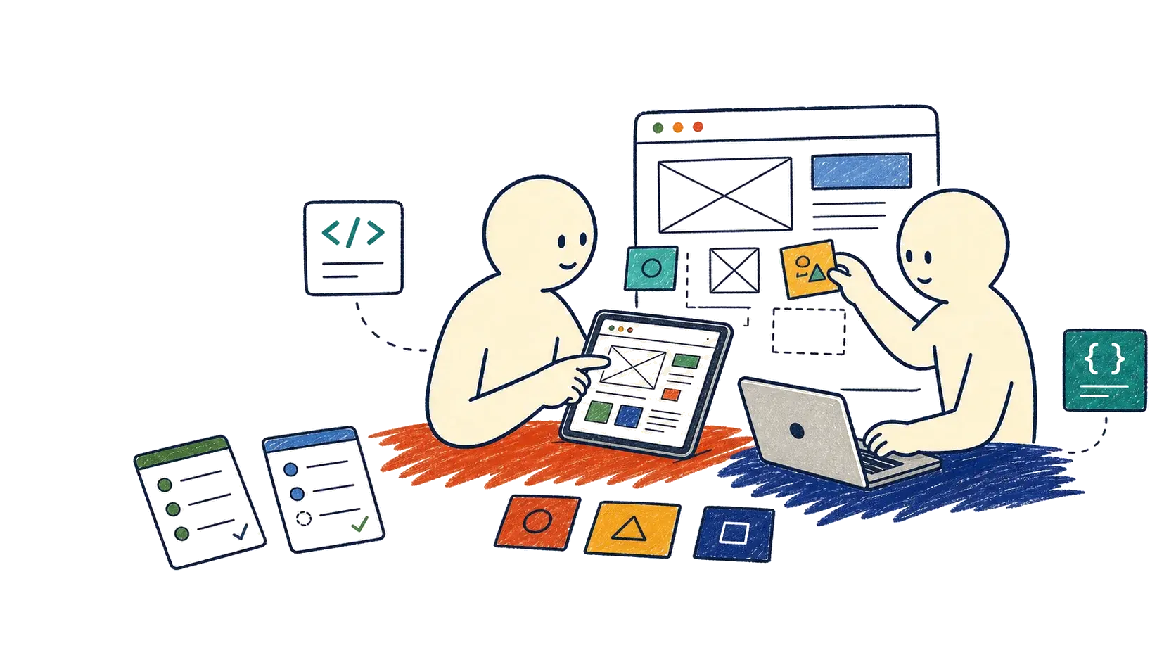 Webサイト制作とシステム開発の相談内容を整理する手描きイラスト
