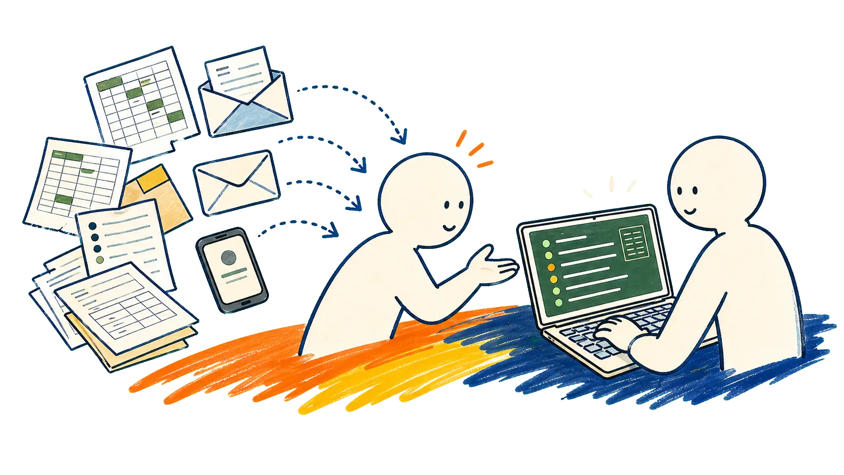 Excelや紙の運用課題を整理する手描きイラスト