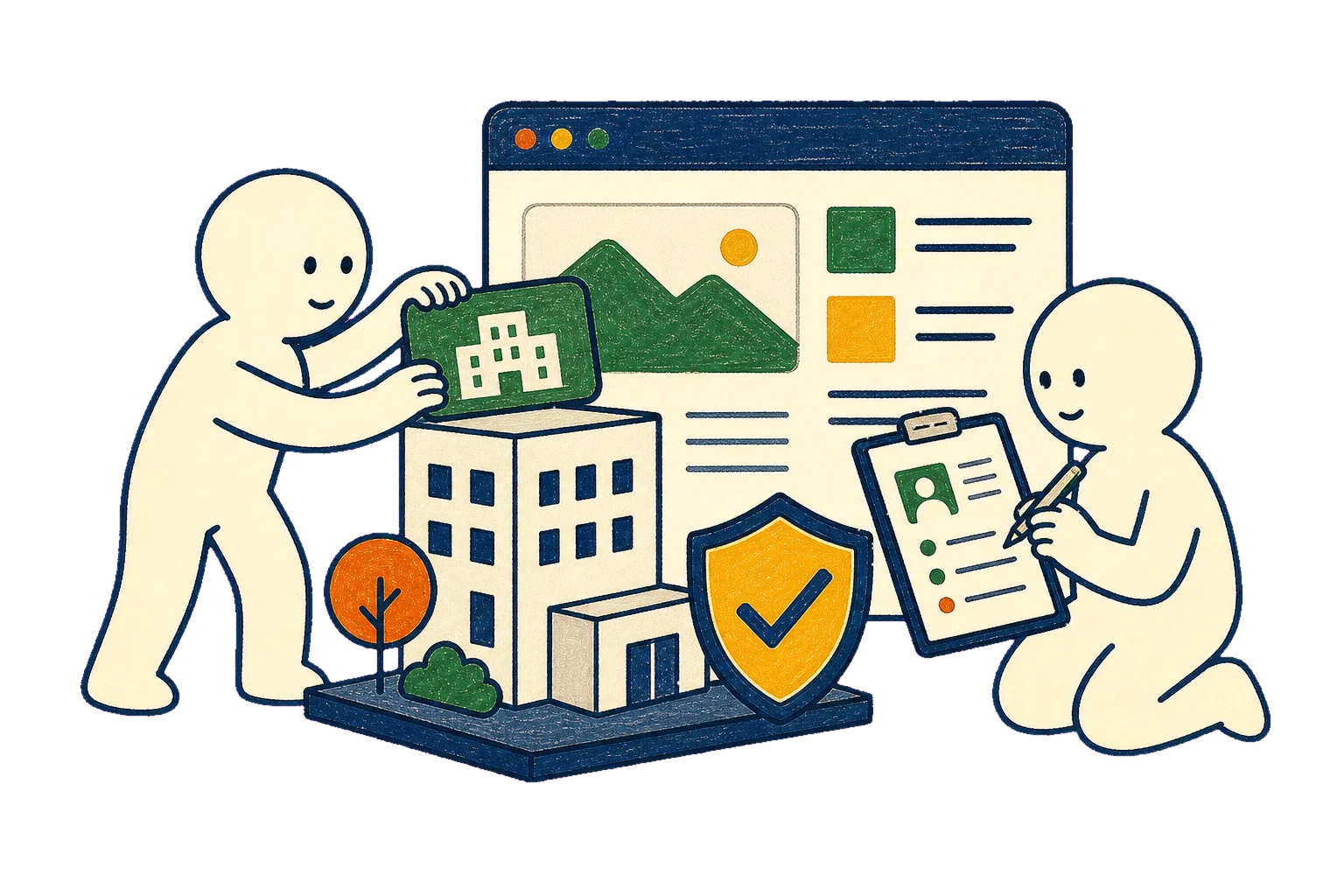 会社情報と信頼要素を整理するコーポレートサイトの手描きイラスト
