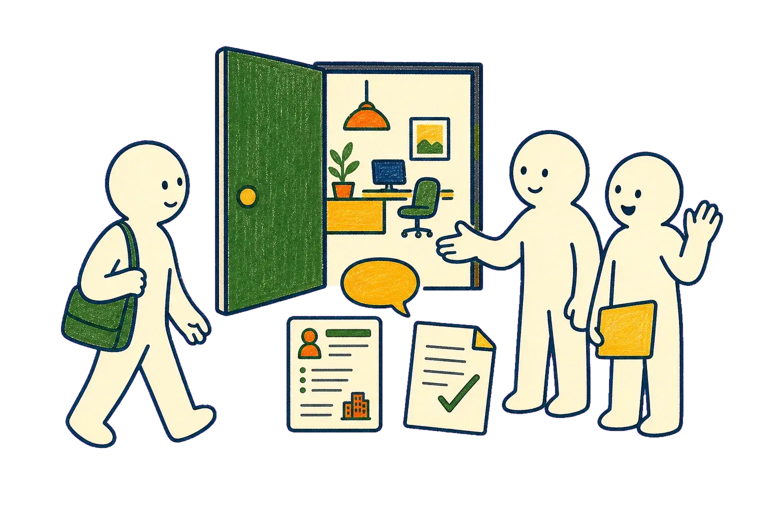 候補者が職場を知って応募へ進む採用サイトの手描きイラスト