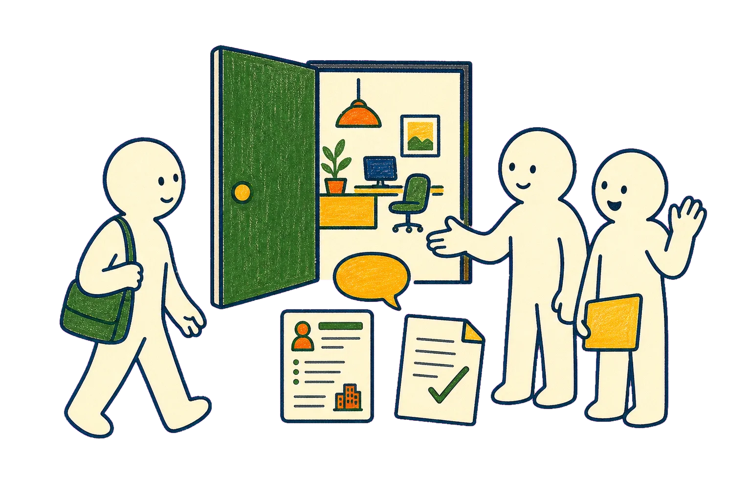 候補者が職場を知って応募へ進む採用サイトの手描きイラスト