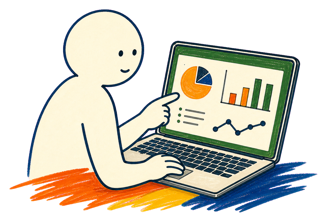 コーポレートサイトの数字を確認しながら改善する手描きイラスト