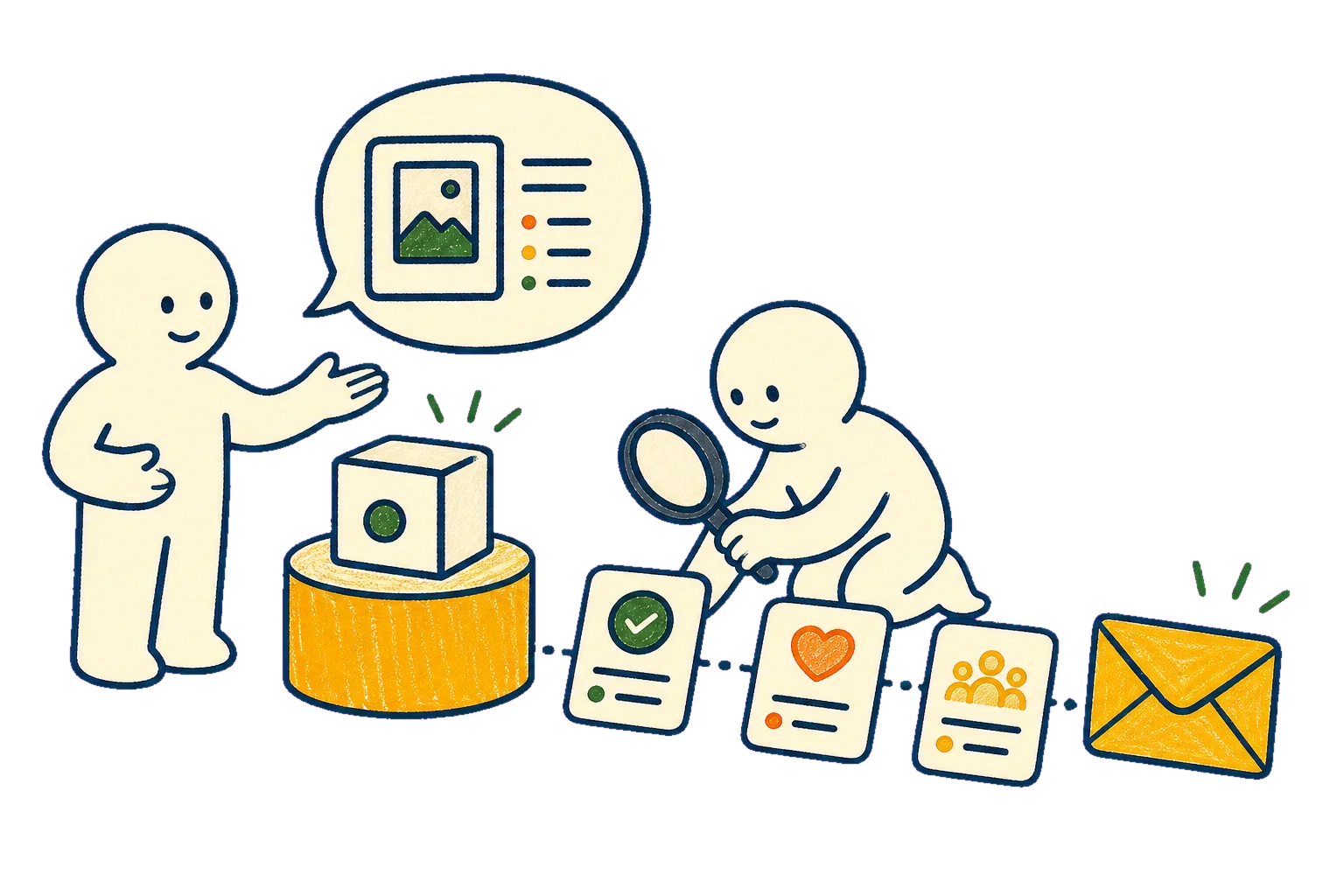 サービスの比較材料から問い合わせへ導く手描きイラスト