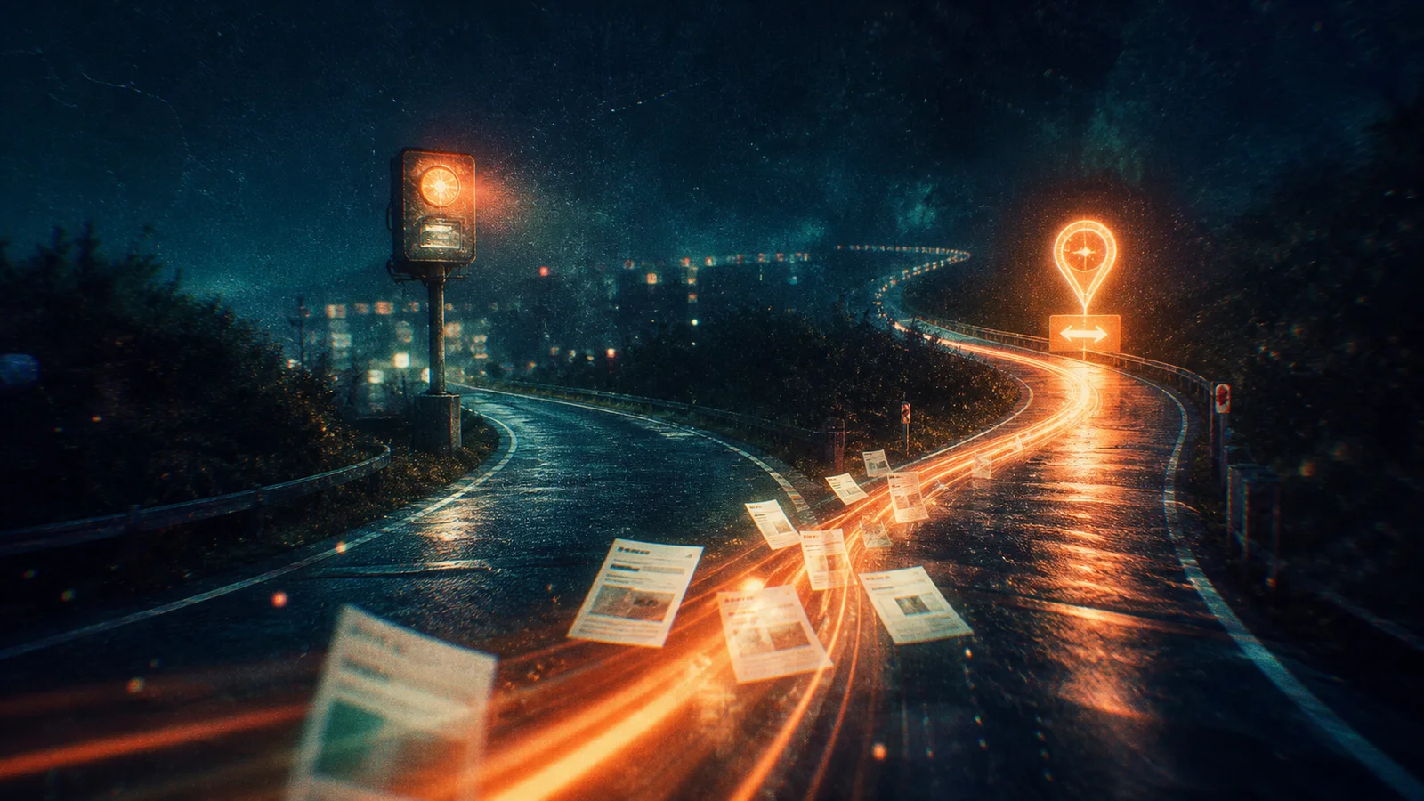 夜の分岐路を進む光とページカードでWebサイトリニューアルの移行を表したアイキャッチ